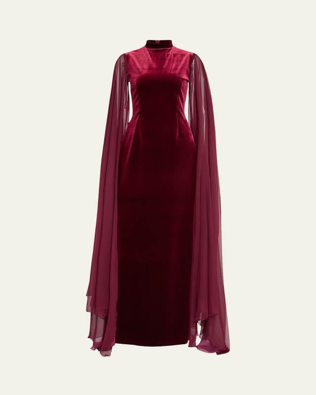 Cape-Sleeve Velvet Column Gown